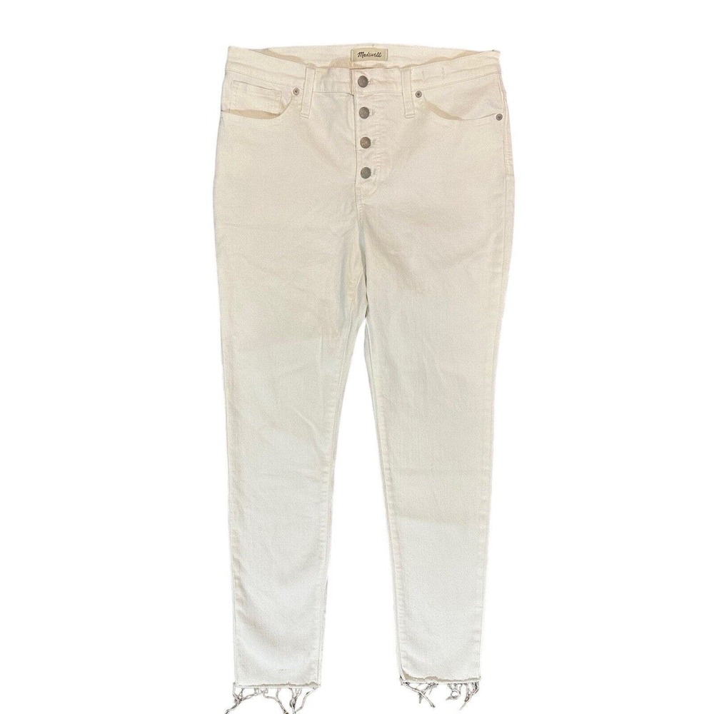 Madewell 9" Mid Rise Skinny Button Front Frayed Hem White Denim Jeans Size 32